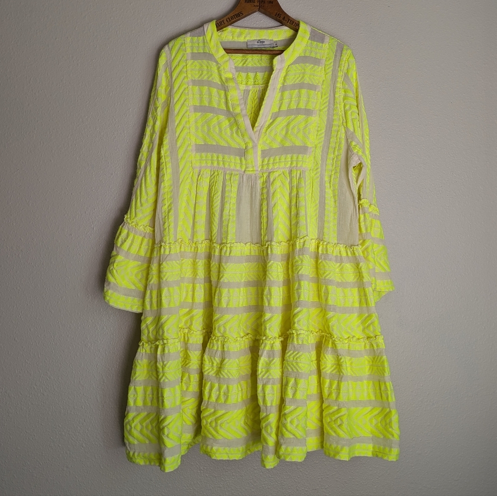 Anthropologie Devotion Twins Ella Dress Embroidered Mini Neon Yellow Medium Boho